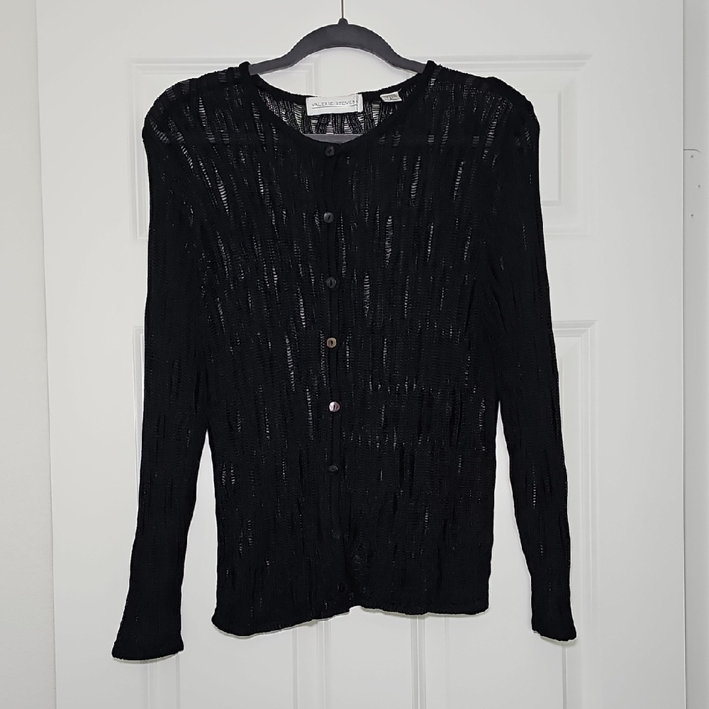 Valerie Stevens Open Knit Button Front Long Sleeve Cardigan Sweater Black M